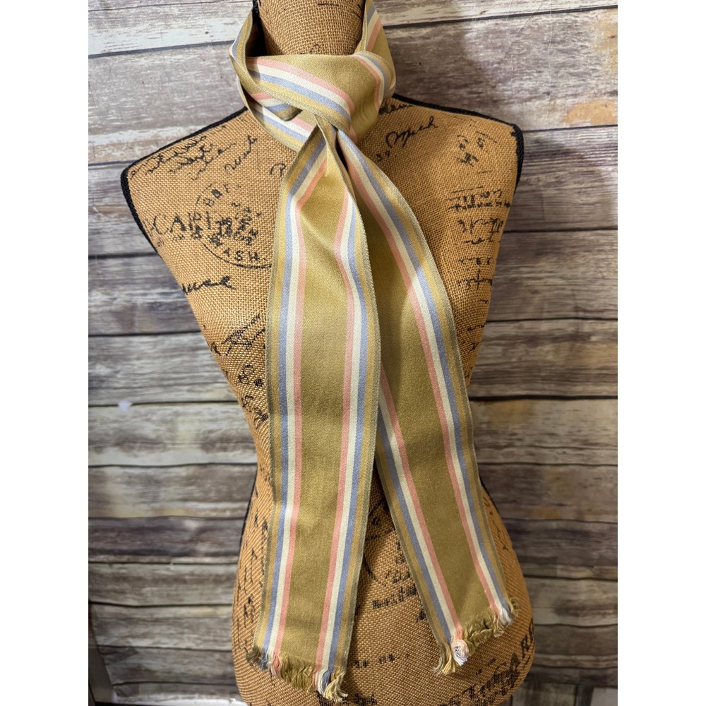 Vintage Liz Claiborne Skinny Scarf Striped Olive Pink Lavender Fringe Japan Made